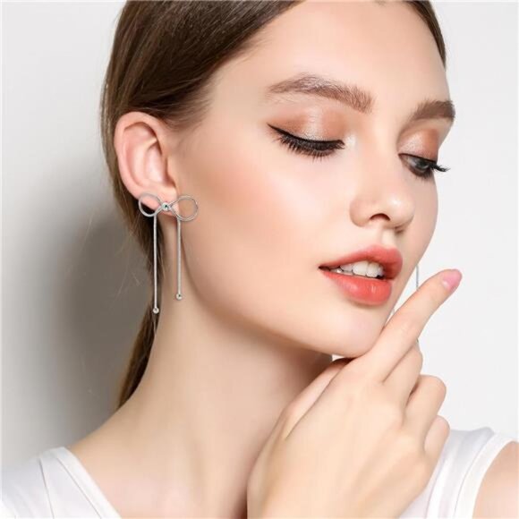 Silver Bow Earrings – White Gold Plated, Dangle Tassel Design - Picture 4 of 7